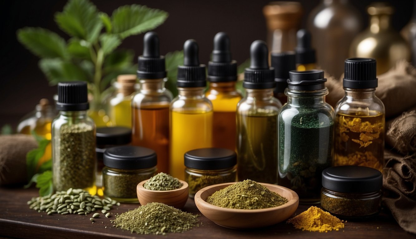 A collection of herbal pigments and oils are laid out on a table, with various treatments and products for comparison