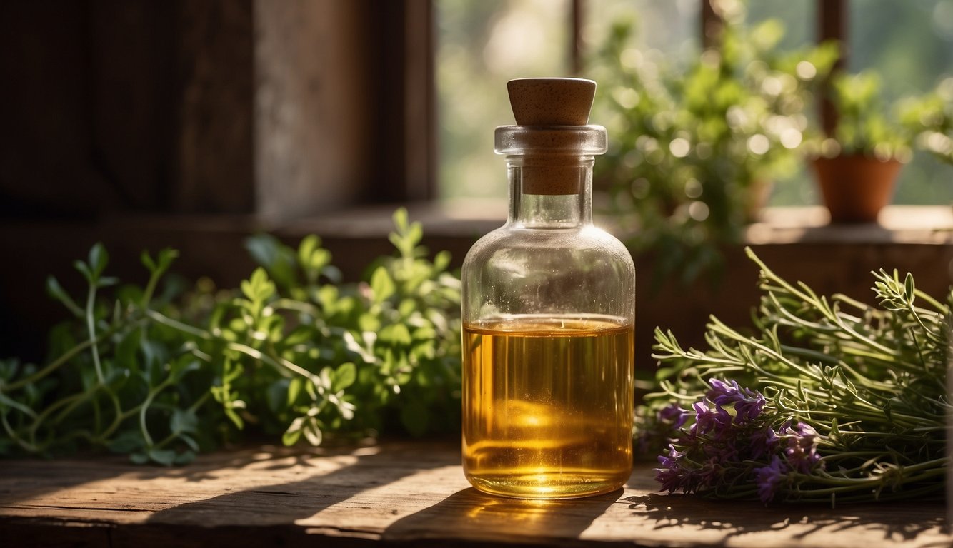 A handcrafted bottle of herbal pigment oil sits on a rustic wooden table, surrounded by fresh herbs and flowers. The warm sunlight streams through a nearby window, casting a soft glow on the scene