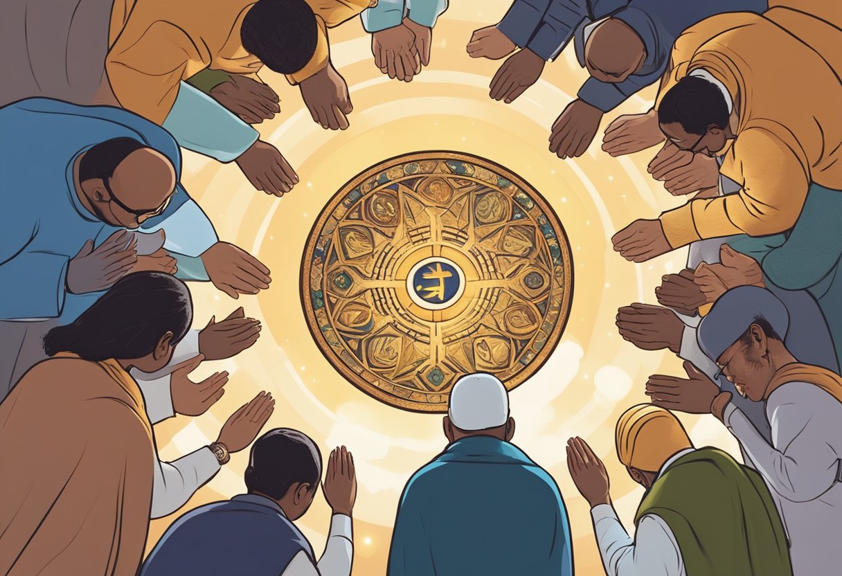 A group of diverse individuals stand in a circle, heads bowed in prayer, surrounded by symbols of different faiths and a shining light representing God's presence