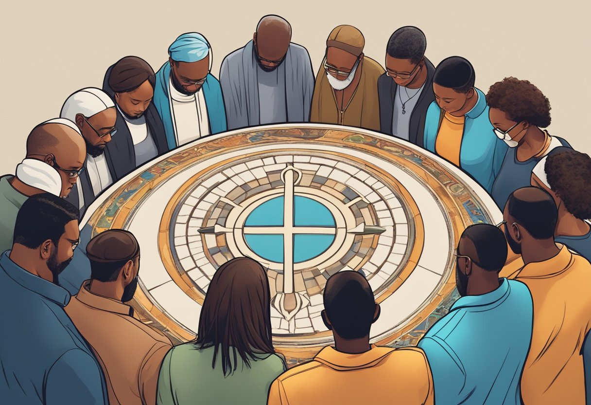 A diverse group of people stand in a circle, heads bowed in prayer, surrounded by a church building and symbols of unity and faith