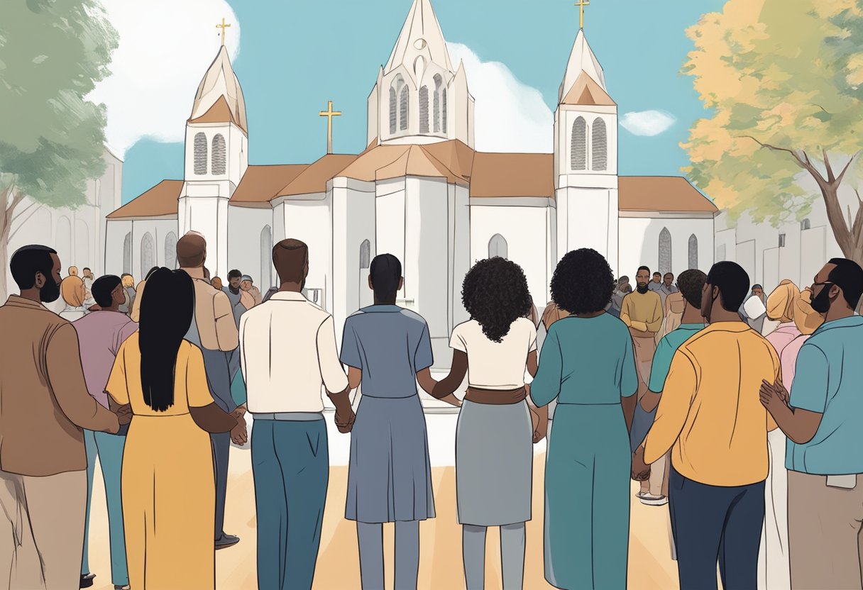 A diverse group of people standing in a circle, holding hands, and praying together with a church in the background