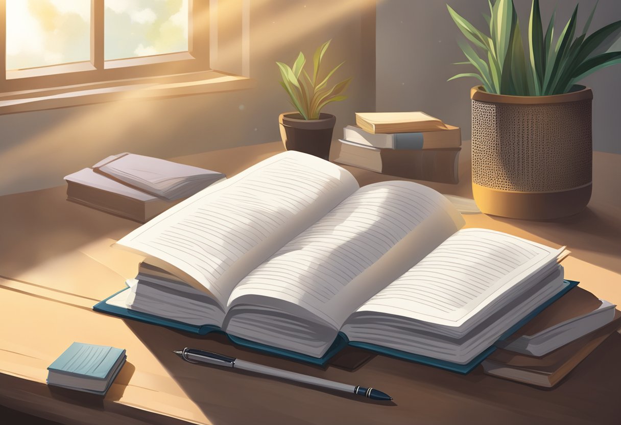 Books and a pen on a desk, with a beam of light shining down. A stack of papers with "30 Prayer Points for Success in Your Studies" written on top