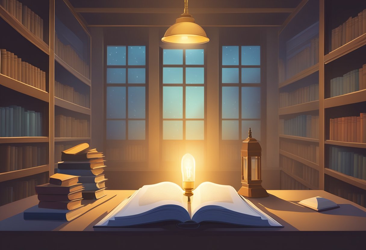 A serene study environment with open books, a glowing lamp, and a peaceful atmosphere. A faint image of a praying figure can be seen in the background, symbolizing the importance of prayer in academic success