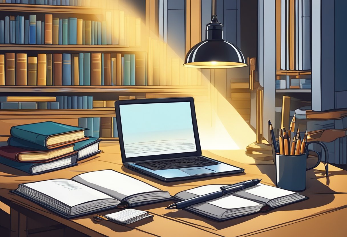 Books and a desk with a pen, paper, and a laptop. A beam of light shines down on the desk, symbolizing enlightenment and inspiration for academic success