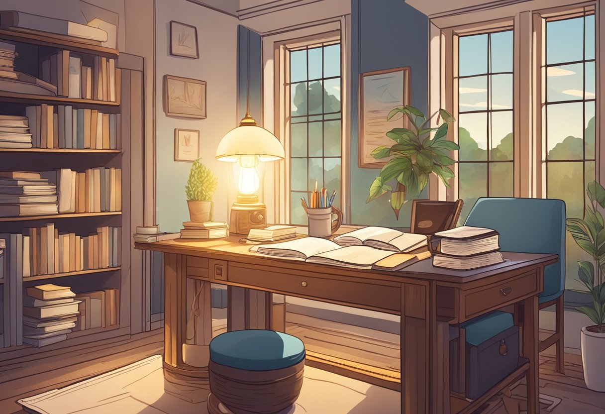 A serene study environment with a desk, open books, and a glowing lamp. Surrounding the scene are 30 prayer points for success in studies