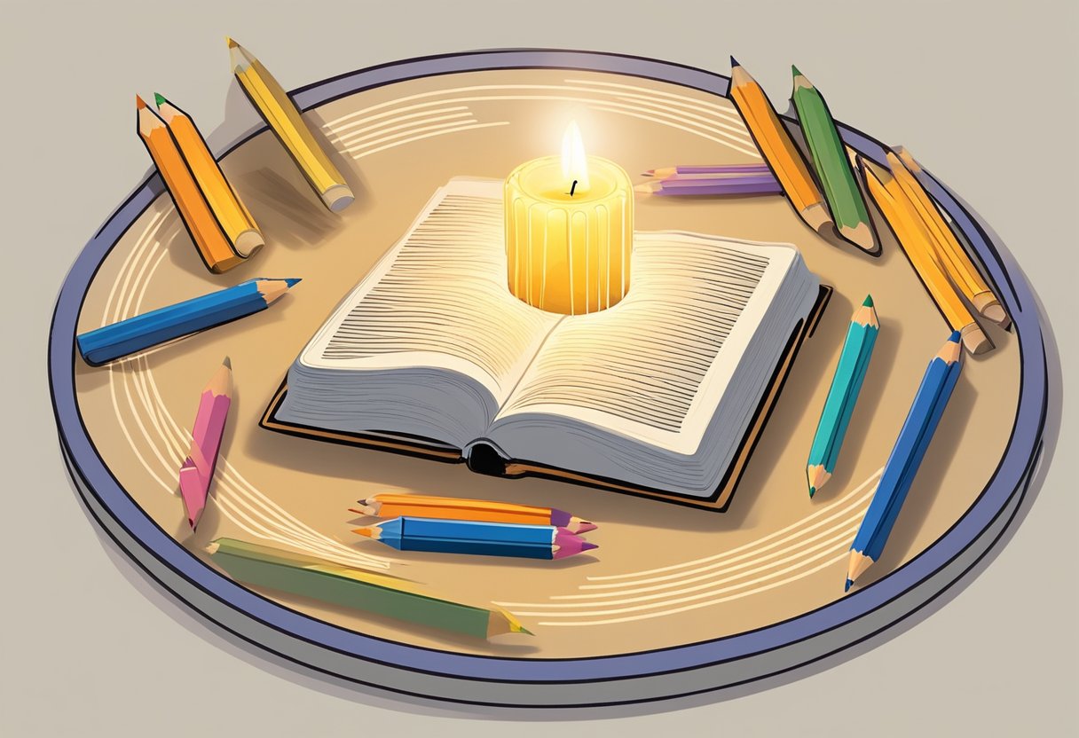 Books and pencils arranged around a glowing candle, surrounded by a circle of written prayer points for success in studies