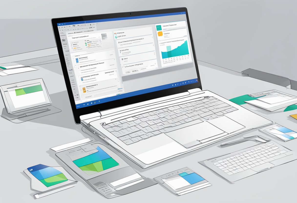 An open laptop displaying the Outlook interface with various email layout options. A cursor hovers over the text, demonstrating how to wrap it within the program