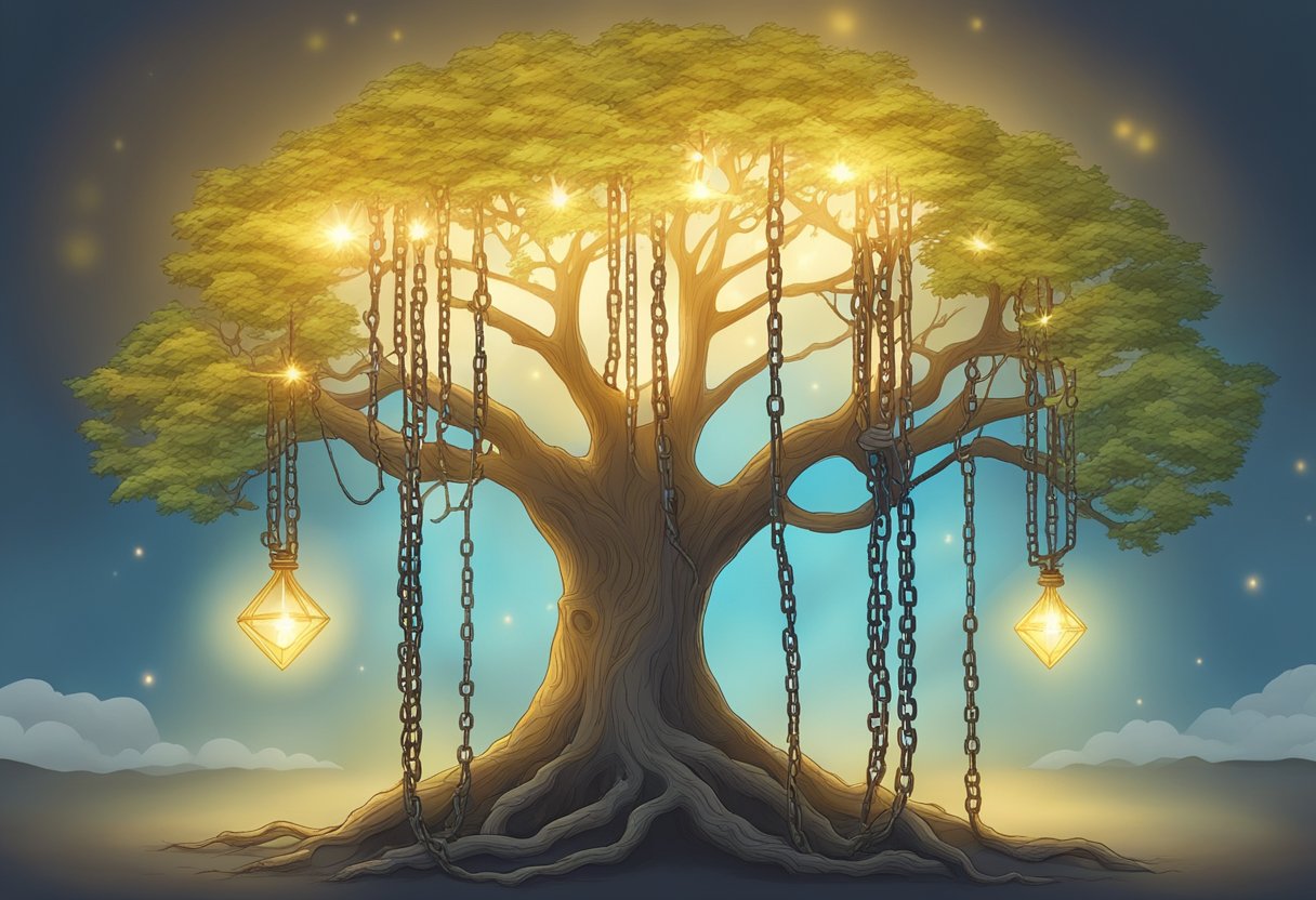 A family tree with broken chains and a glowing light symbolizing freedom from generational curses