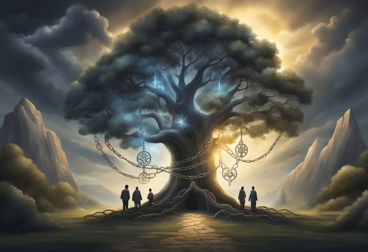 A dark cloud hovers over a family tree, with broken chains and ancient symbols representing generational curses. A beam of light breaks through, signifying hope and prayer for breaking the curse