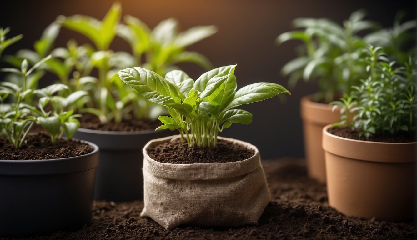 A grow bag and a pot sit side by side, filled with soil and containing a healthy plant. The grow bag is made of fabric, while the pot is made of clay