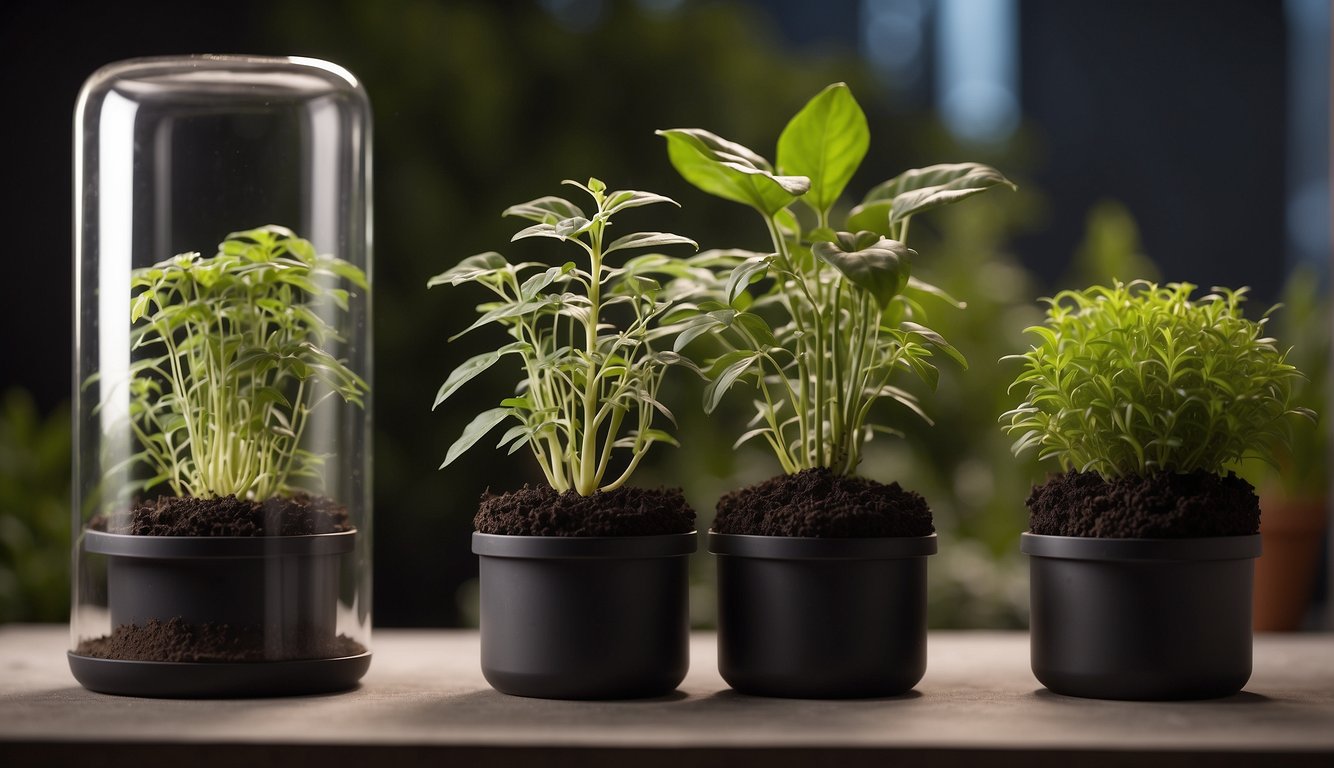 Plants in grow bag and pot, side by side. Grow bag shows root growth, pot shows compact growth. Choose the right container for different plants