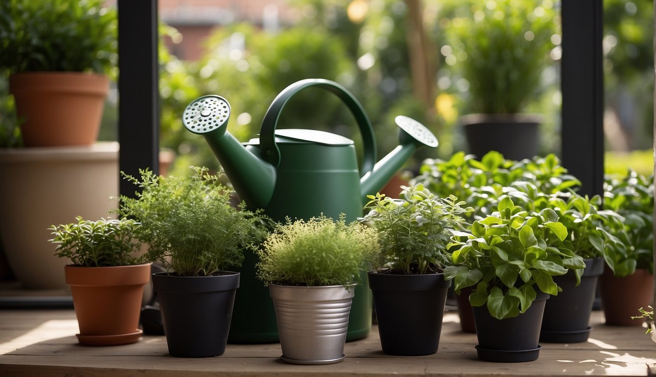 Lush green plants thriving in grow bags and pots, arranged neatly on a sunny patio. A watering can sits nearby, ready for use