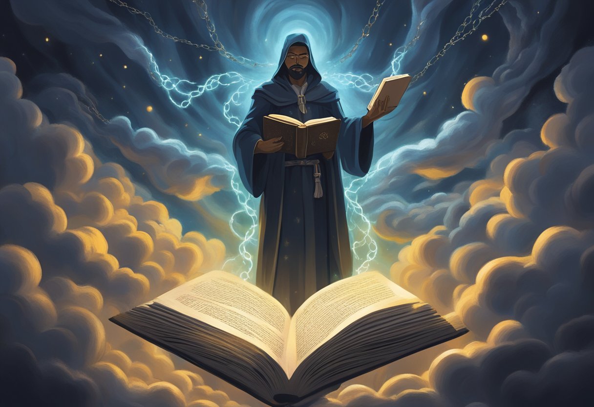 A figure stands in a beam of light, surrounded by swirling dark clouds. They hold a book open, with words glowing brightly as they speak, breaking the chains of generational curses