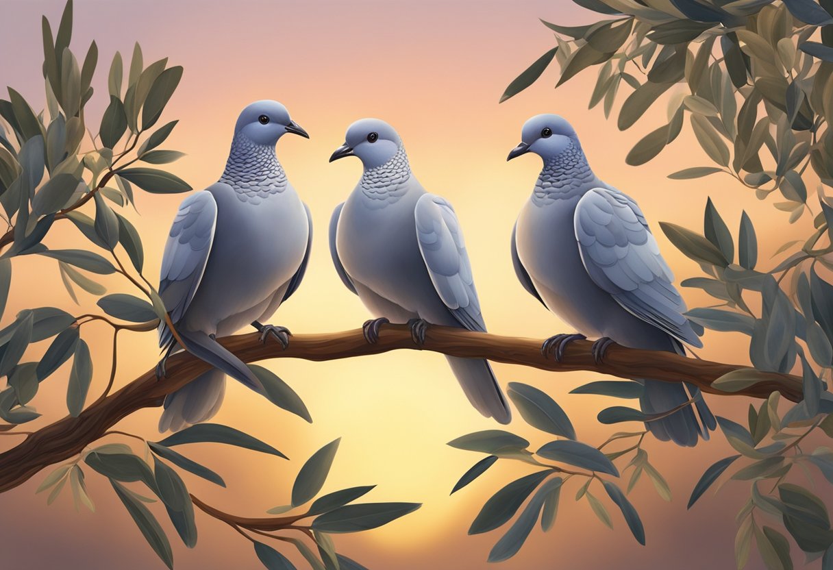 Two doves perched on a branch, surrounded by olive leaves, with a peaceful sunset in the background