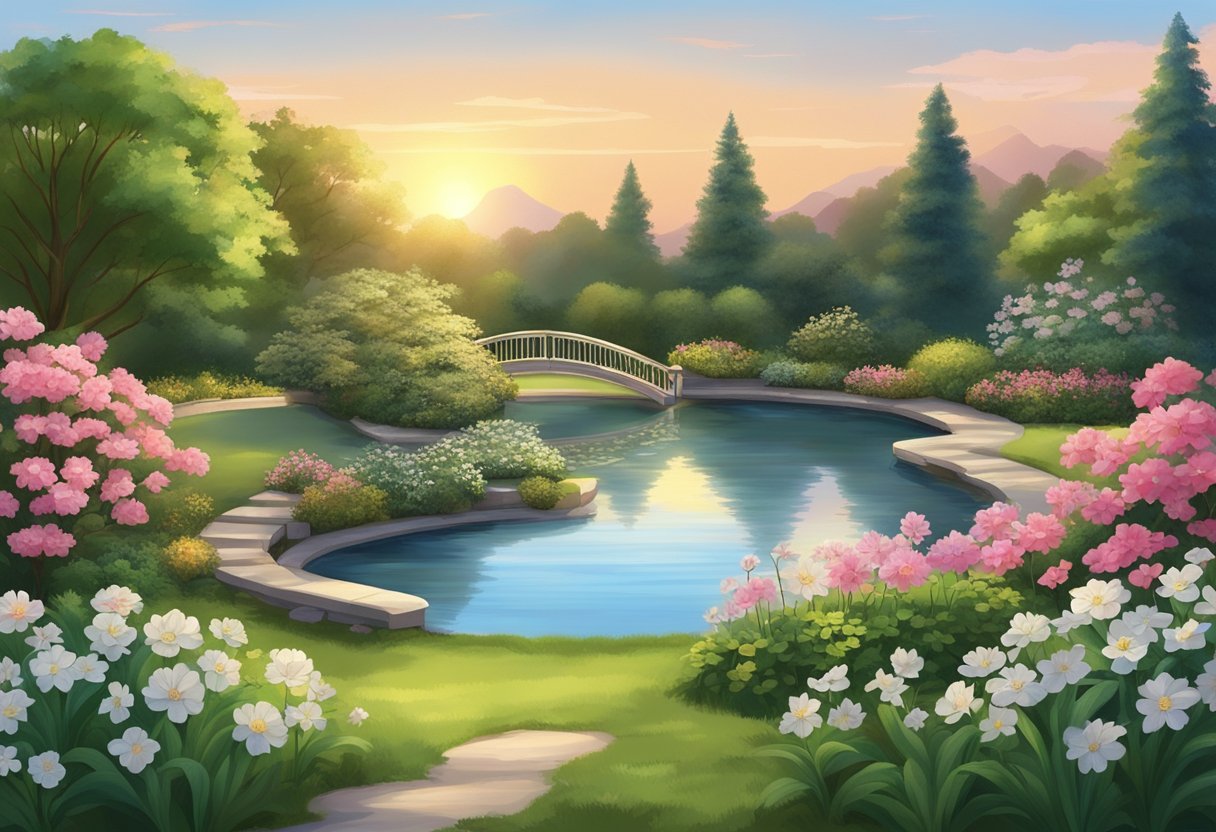A tranquil garden with a serene pond, surrounded by blooming flowers and lush greenery, as the sun sets in the background