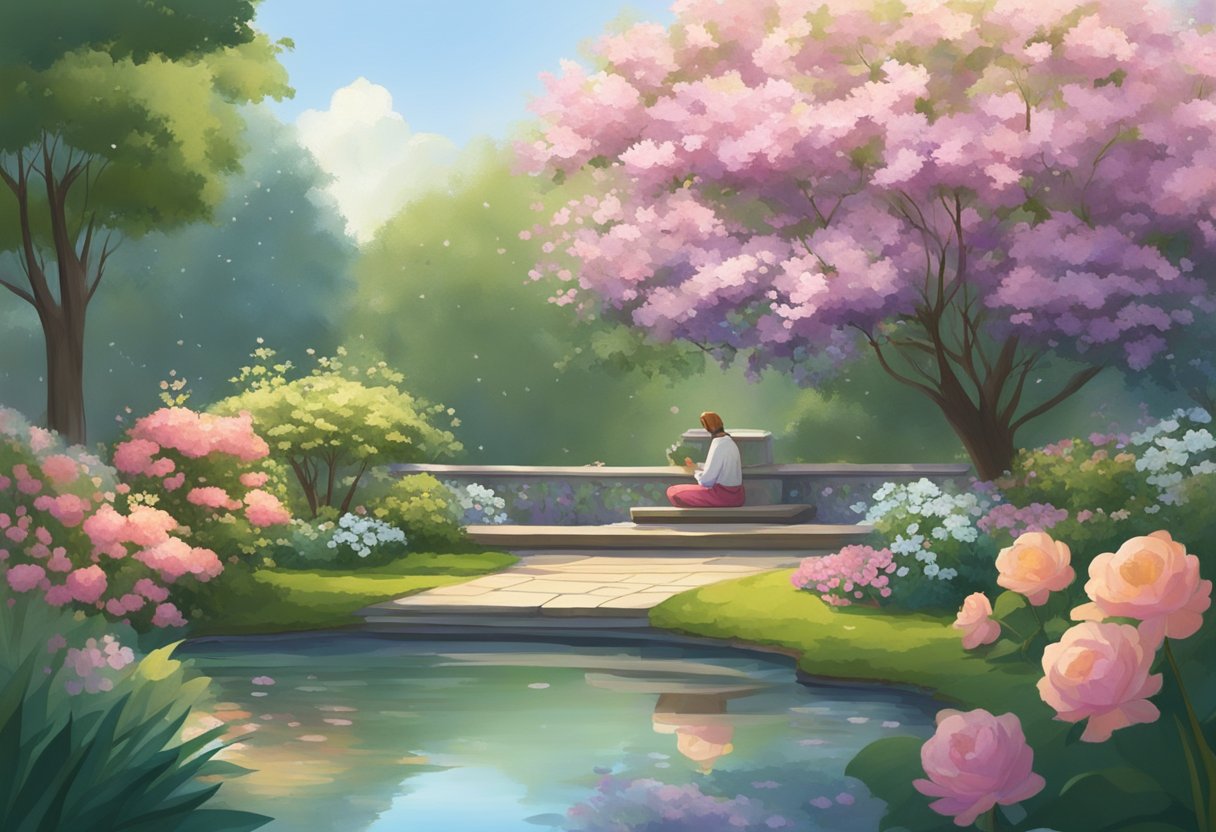 A serene garden with a tranquil pond, surrounded by blooming flowers and lush greenery. A figure kneels in prayer, surrounded by a sense of calm and serenity