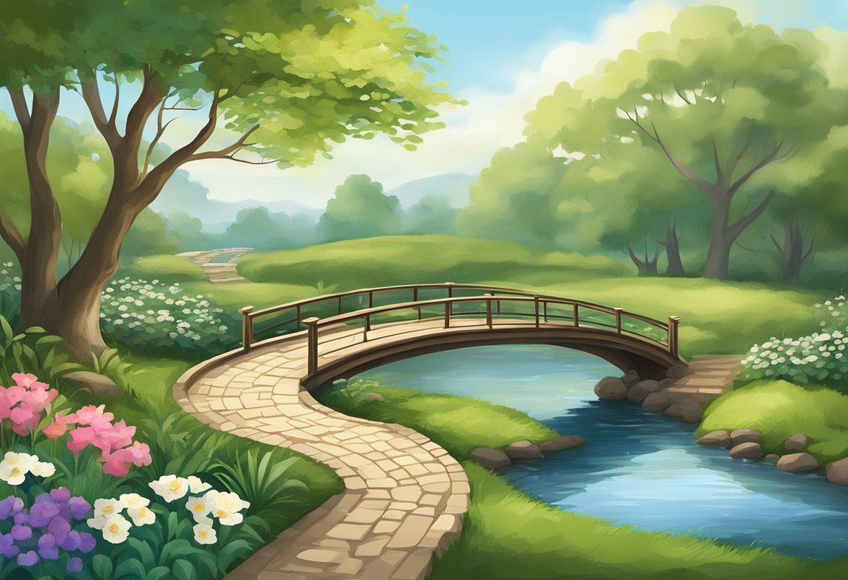 A serene garden with a winding path leading to a peaceful, flowing stream. A bridge spans the water, symbolizing the journey towards reconciliation and harmony