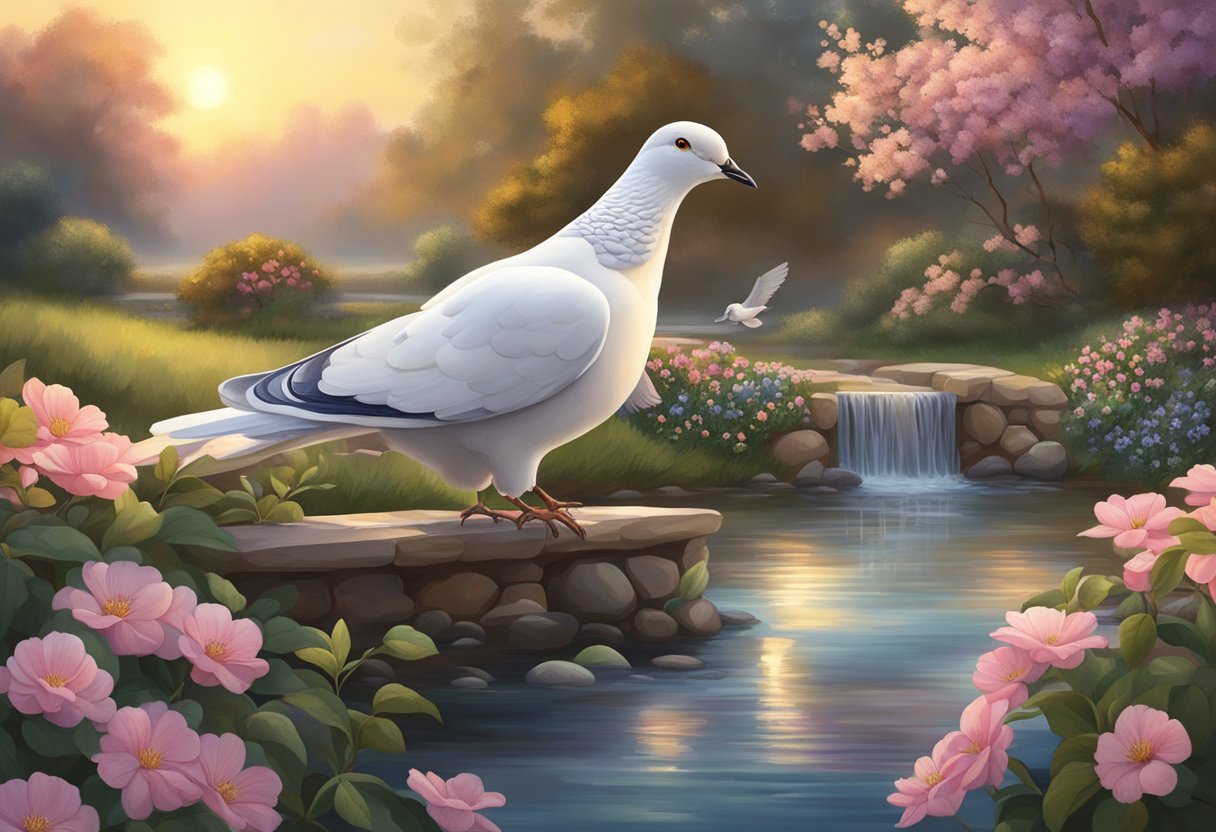 A serene garden with two doves perched on a branch, surrounded by blooming flowers and a gentle stream flowing through, as the sun sets in the background