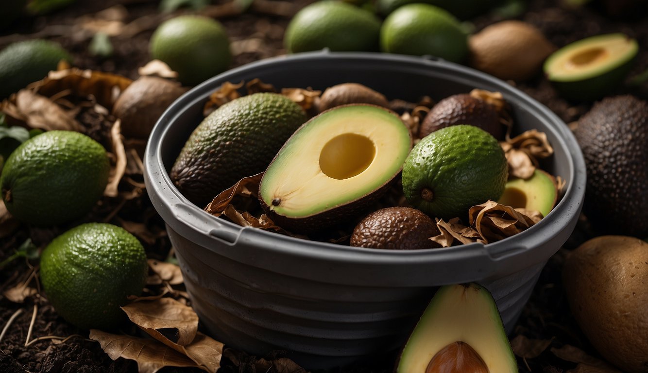 Avocado skin and pits are placed in a compost bin surrounded by other organic waste