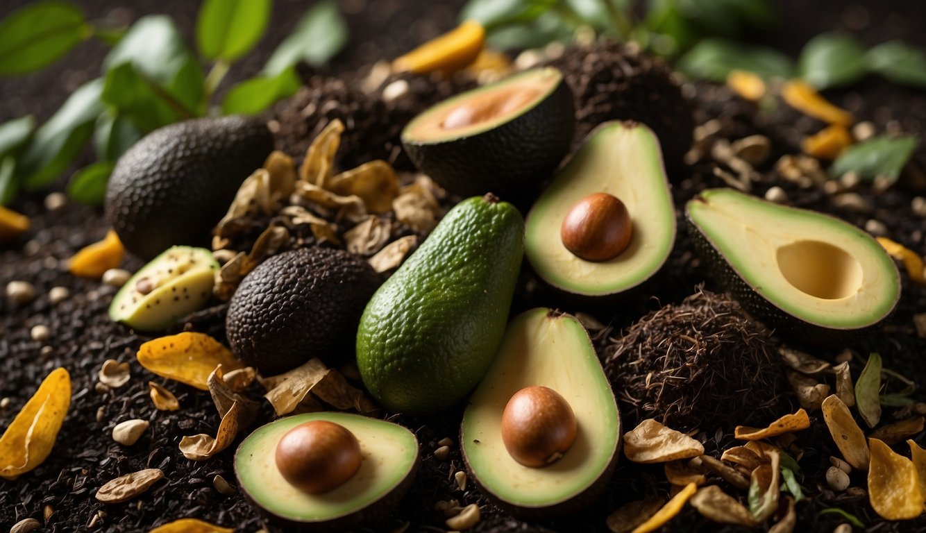 A pile of compost materials including avocado skins, fruit peels, and plant matter, with a mix of brown and green components, aerated and moist