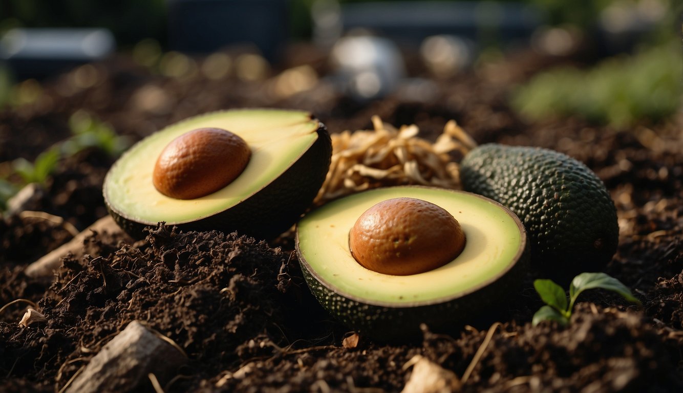 An avocado skin sits on top of a compost pile, surrounded by other organic waste. A sign nearby lists composting dos and don't