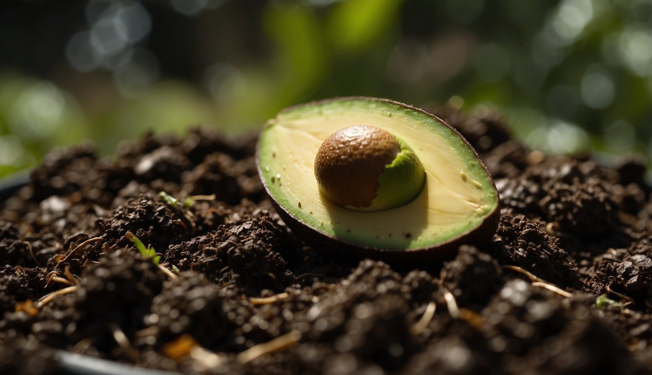 Avocado skin sits in a compost bin, surrounded by decomposing organic matter. Nutrient-rich soil forms in the background, indicating the environmental impact of composting