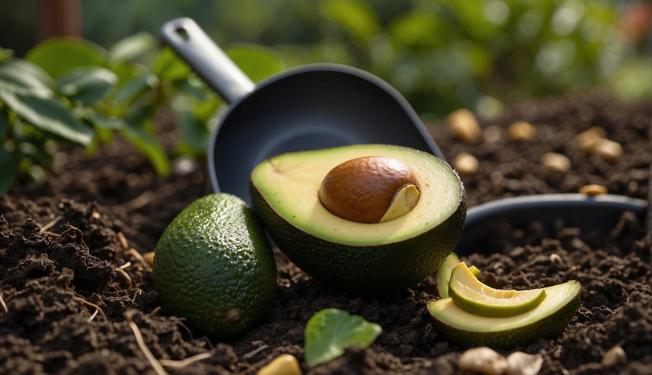 Avocado skin tossed into compost bin with other organic waste. Bin placed in backyard garden next to a small shovel and watering can