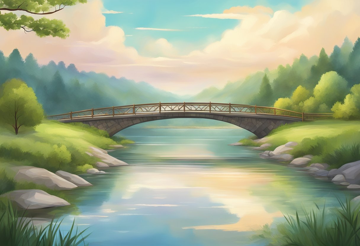 A serene landscape with a peaceful river, a bridge, and two sides coming together in harmony