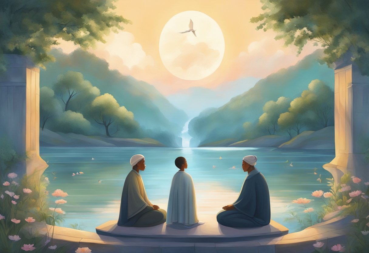A serene, tranquil setting with two figures facing each other, surrounded by symbols of peace and harmony, evoking a sense of forgiveness and reconciliation