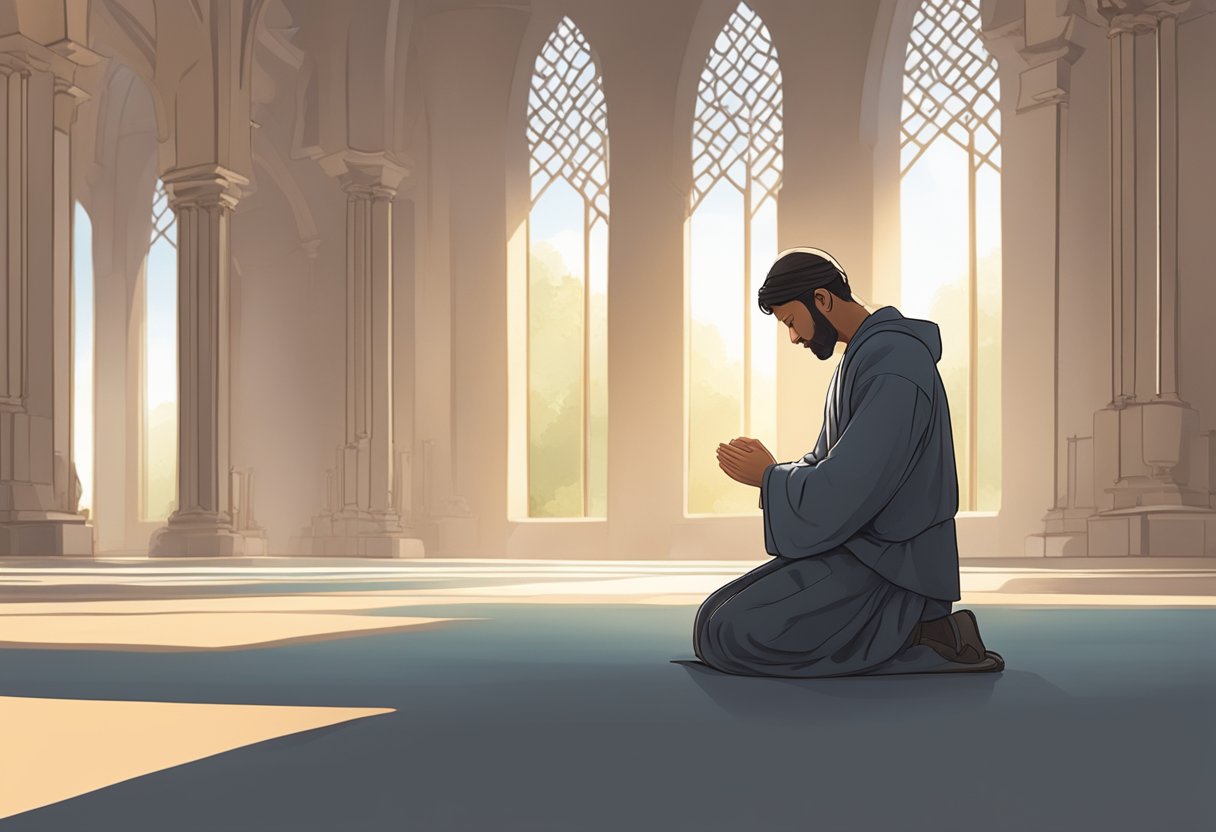 A serene, open space with soft lighting and a feeling of peace. A figure kneeling in prayer, head bowed, with an expression of humility and contrition