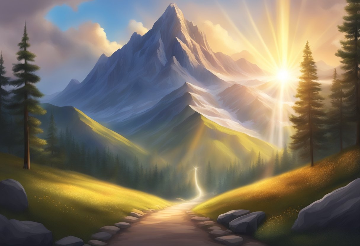 A radiant beam of light shines down on a mountain peak, illuminating a path leading to a glowing portal of divine energy