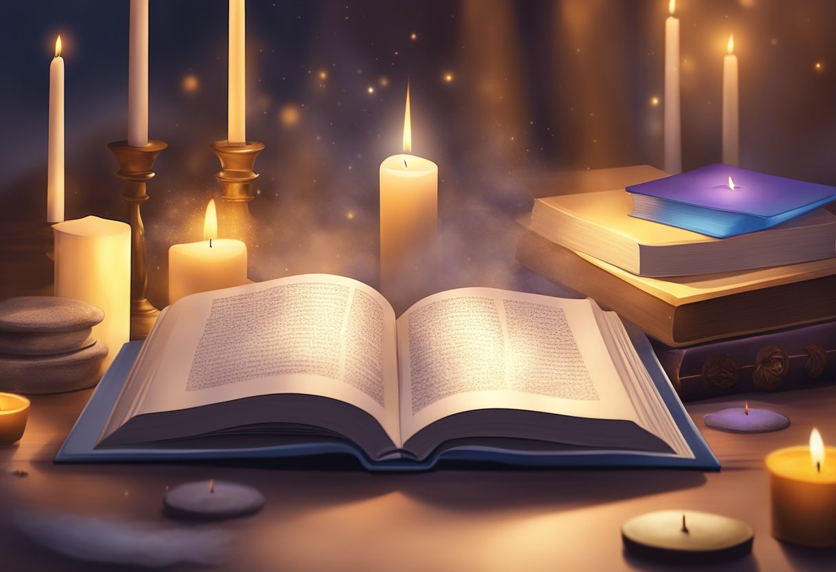 A serene setting with a beam of light shining down on an open book surrounded by candles and incense, creating an atmosphere of spiritual preparation for prayer
