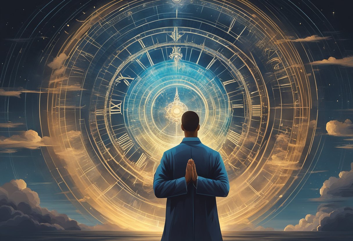 A figure stands in a posture of prayer, surrounded by strategic symbols and times. The atmosphere is charged with supernatural energy, evoking a sense of breakthrough