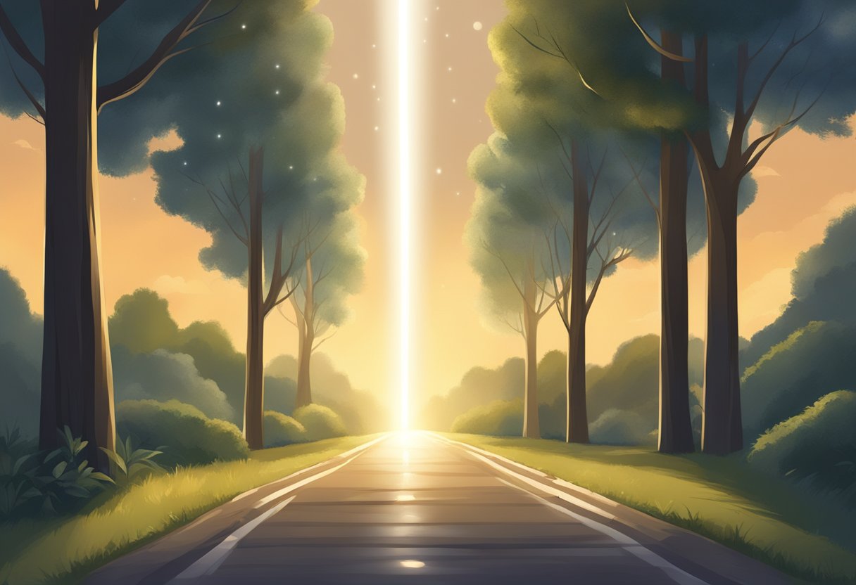 A beam of light shines down onto a path, with glowing symbols and a sense of anticipation in the air