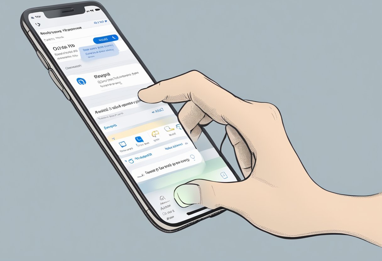 A hand tapping "Settings" on an iPhone screen. Then, selecting "Mail" and "Out of Office" to set up automatic email replies in Outlook