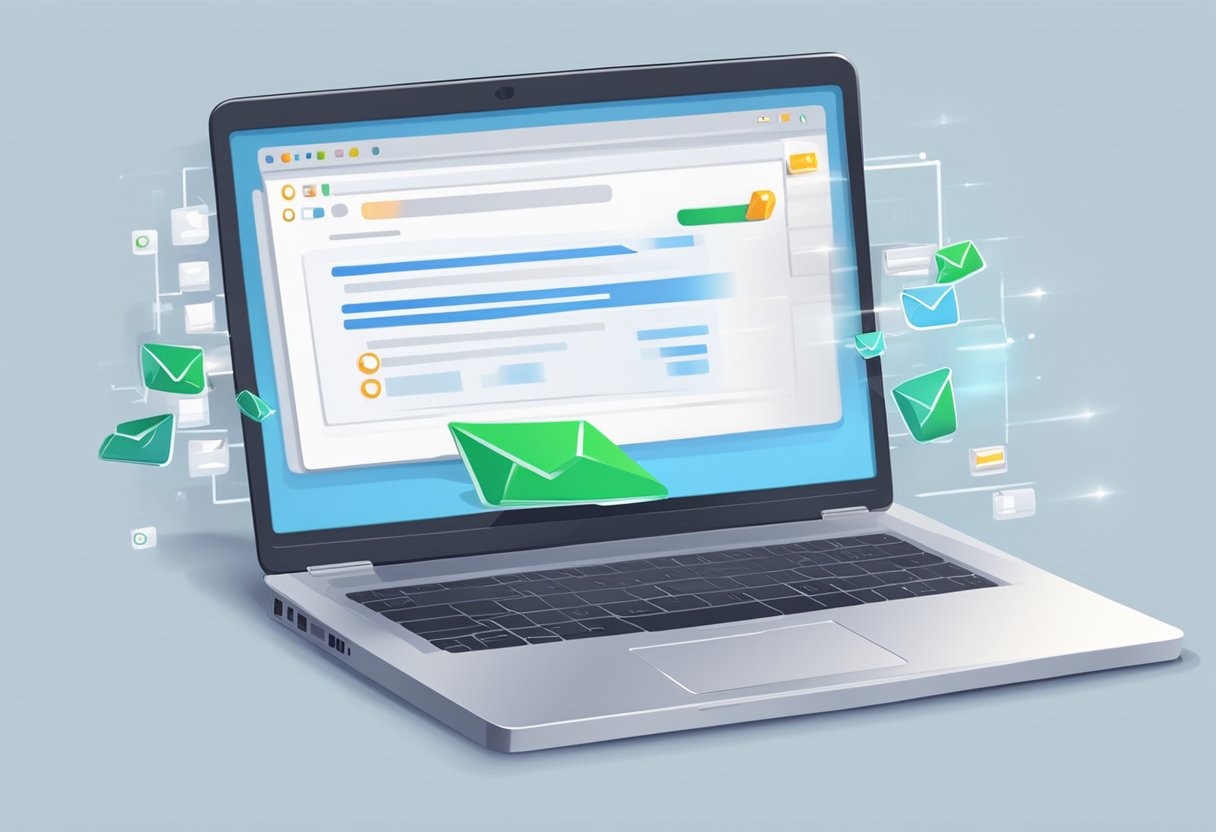 An open laptop with an email chain on the screen, a cursor hovering over the "unsubscribe" button. A sense of organization and control in the workspace