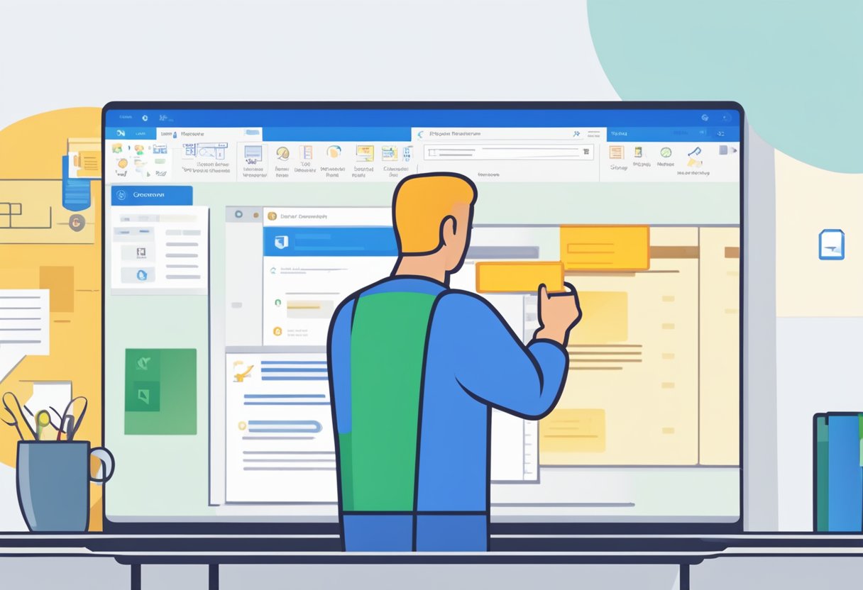 Outlook email screen with file tab highlighted. Menu options visible. Toolbar icons displayed. Window labeled "Setting Up and Configuring Outlook."