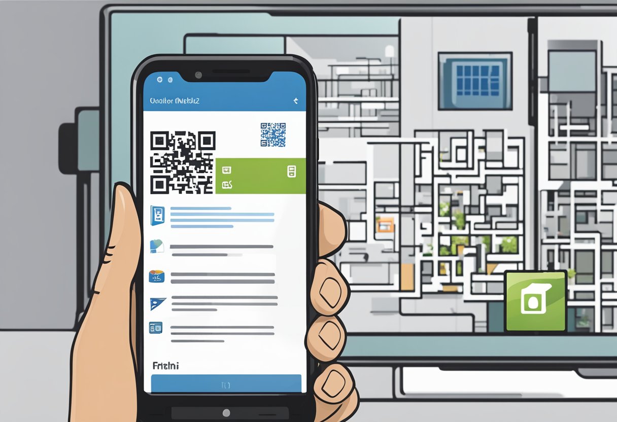 A smartphone displaying the Outlook mobile app with the QR code prominently visible on the screen