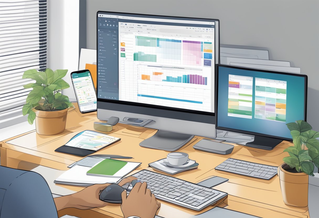 An office desk with a computer displaying the Outlook app. A hand hovers over the mouse, ready to click. A calendar and email inbox are visible on the screen