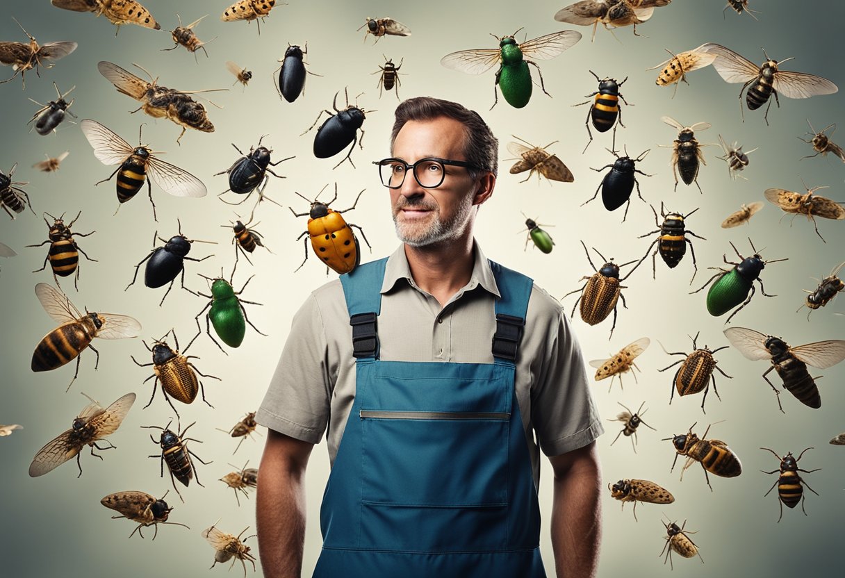 A pest control expert surrounded by various insects and rodents, answering questions from concerned customers