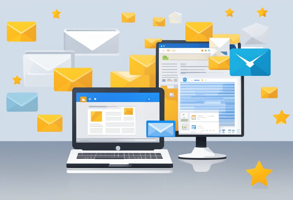 A computer screen displaying Outlook Mail with a star icon next to selected emails. A toolbar with a "Favorite" option is highlighted