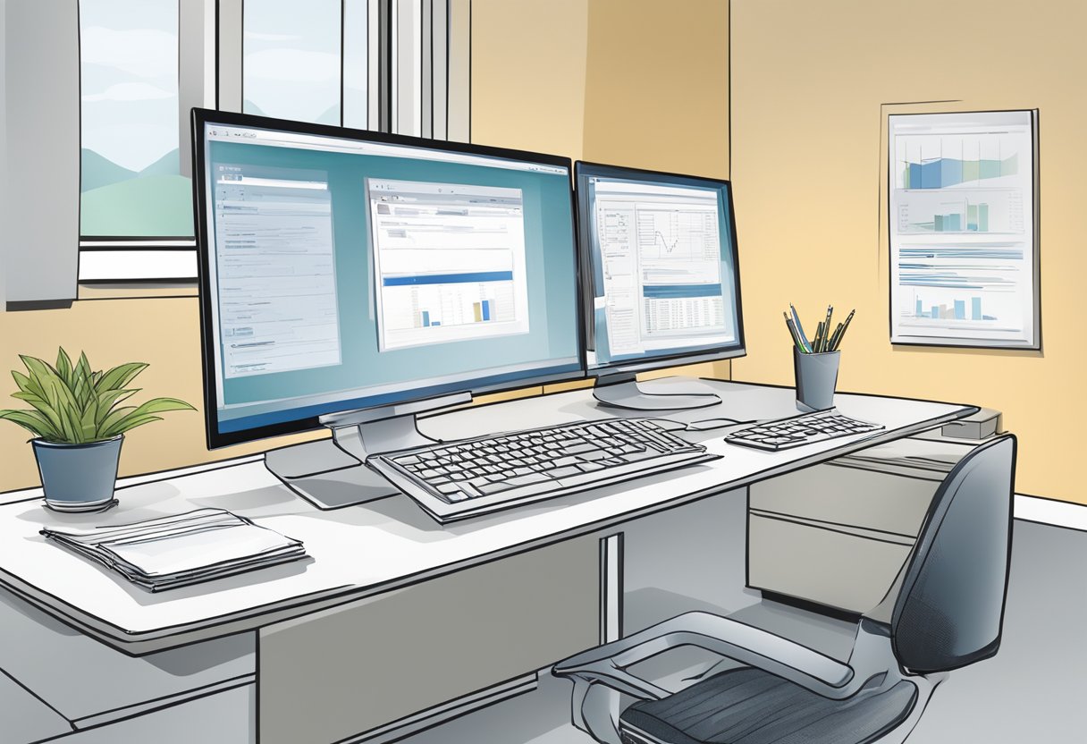 An office desk with a computer screen displaying Outlook. The screen is frozen while attempting to print