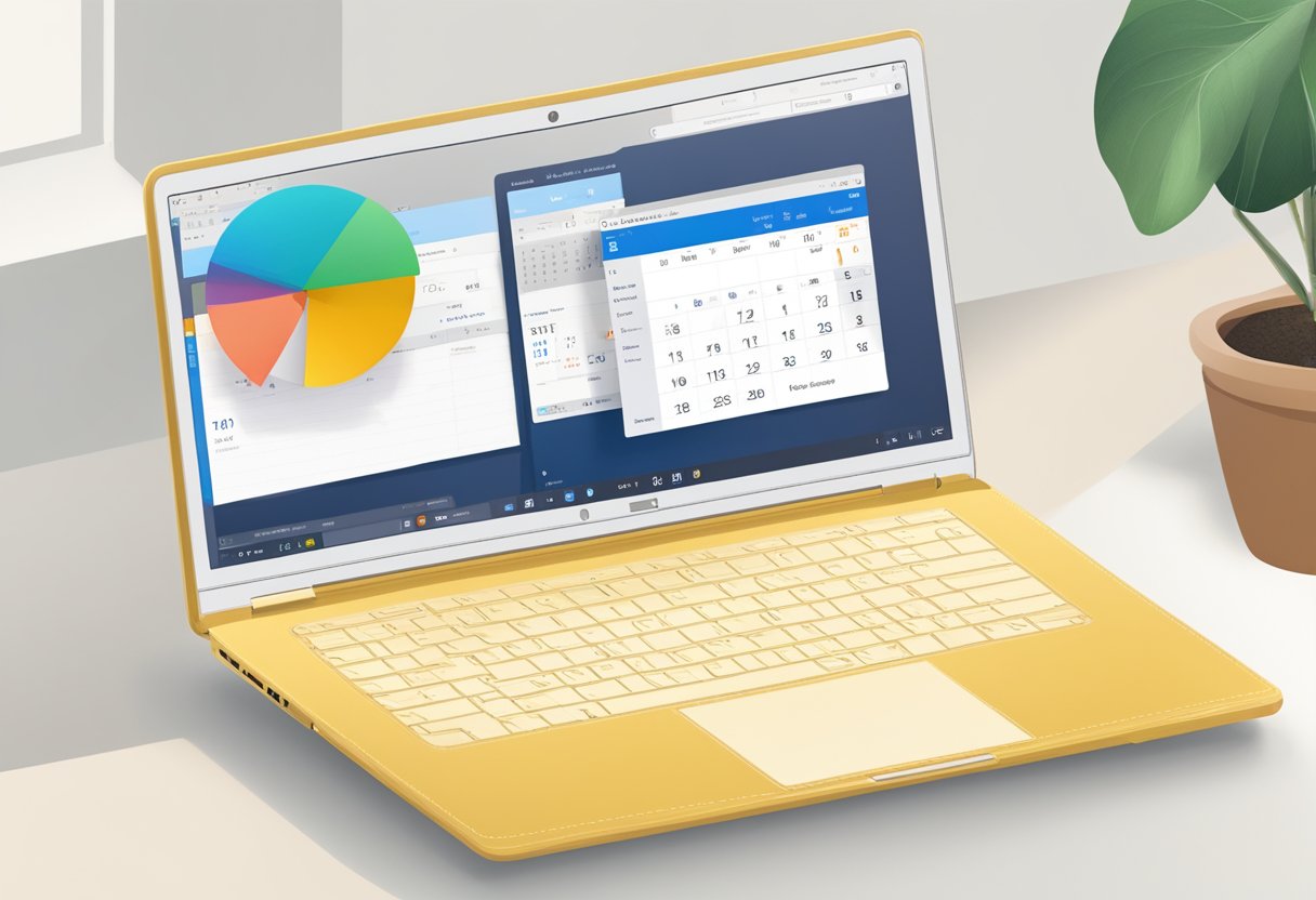 An open laptop displaying the Outlook interface with a calendar view, a new email window, and a recurring option highlighted