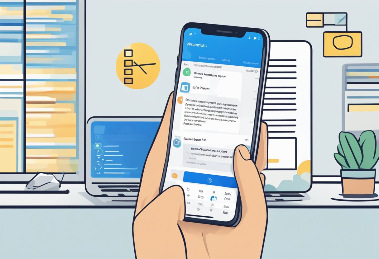 A smartphone displaying the Outlook app with the "Automatic Replies" setting open, with a finger tapping on the screen to set an out of office message