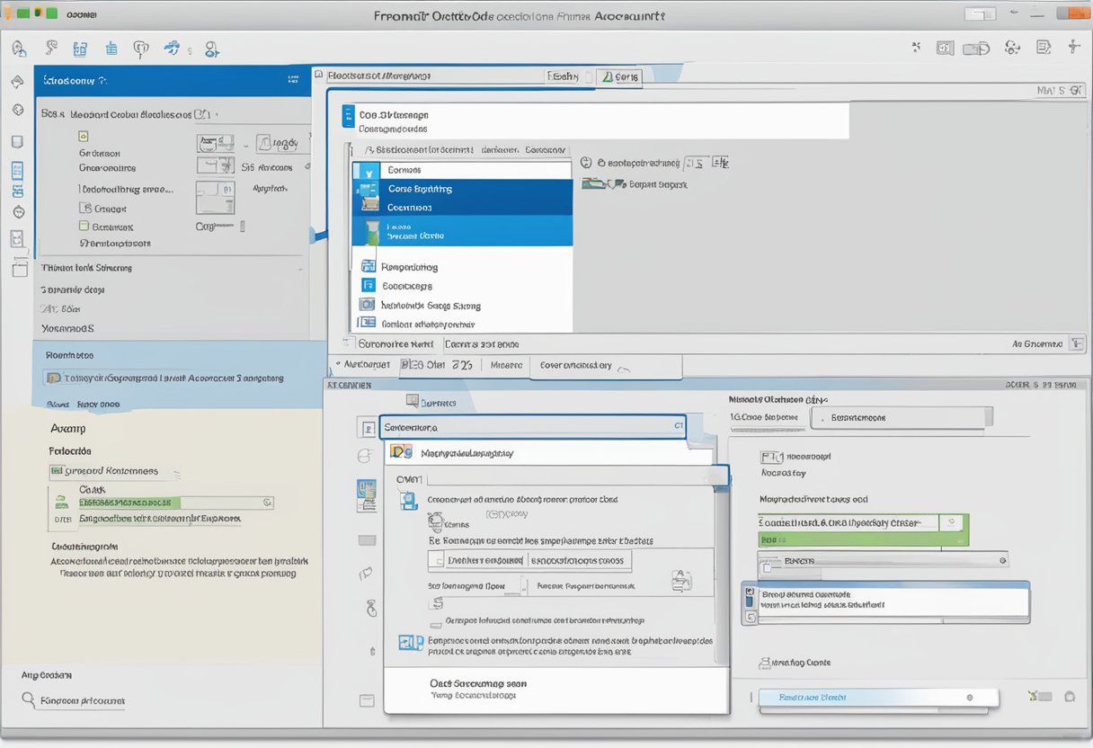 A computer screen with the Outlook interface open, showing the process of setting up an account and adding a "from" field in the settings