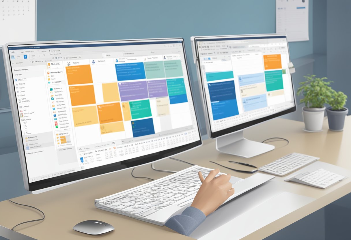 A computer screen displaying the steps to set up a poll in Outlook, with a mouse hovering over the options and a calendar in the background