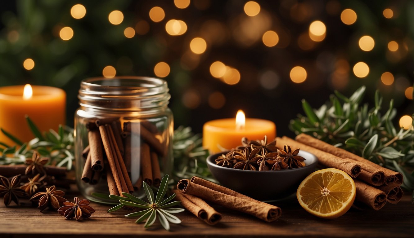 A table adorned with fragrant herbs and spices, symbolizing the historical significance of Christmas traditions. Cinnamon sticks, cloves, and bay leaves are arranged in a festive display