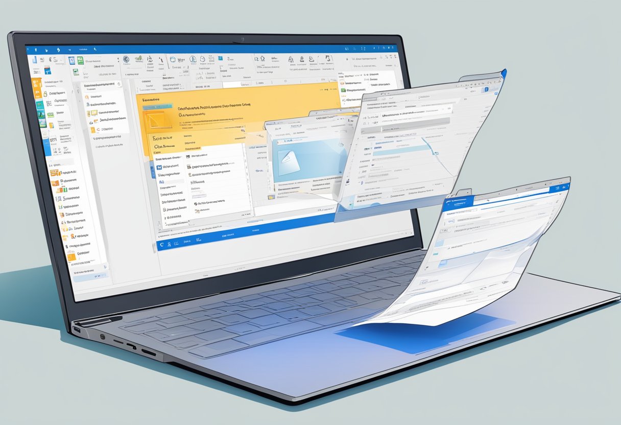 A computer screen displaying the Microsoft Outlook interface with an email open and a separate email being dragged and dropped into the attachment section