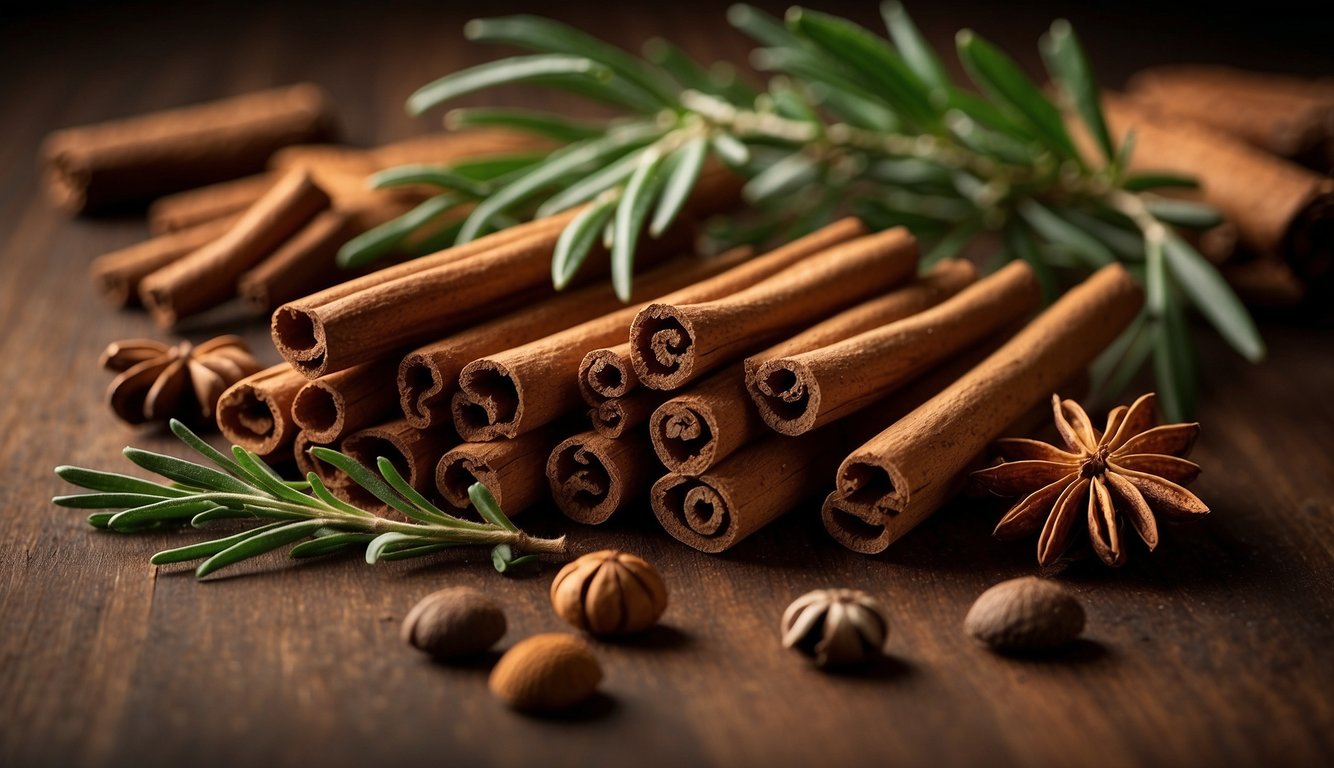 A table displays cinnamon sticks, nutmeg, cloves, and ginger, surrounded by sprigs of rosemary and thyme. Anise stars and cardamom pods add a festive touch