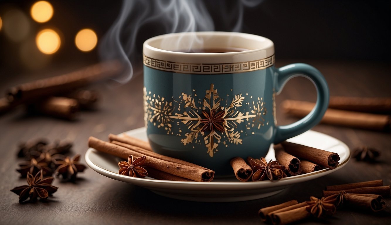 A steaming mug of Christmas beverage surrounded by cinnamon sticks, cloves, and star anise